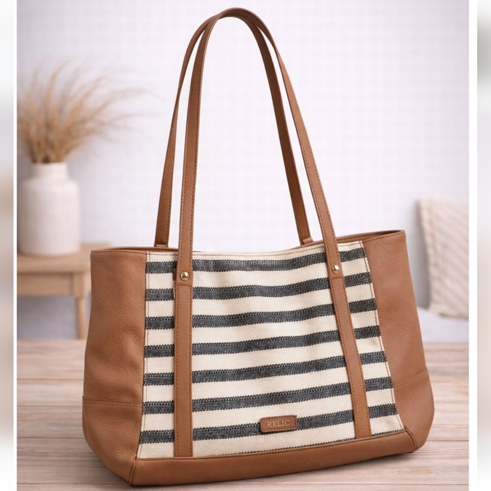 Relic by Fossil Tan and Black Striped Shoulder or Tote Bag